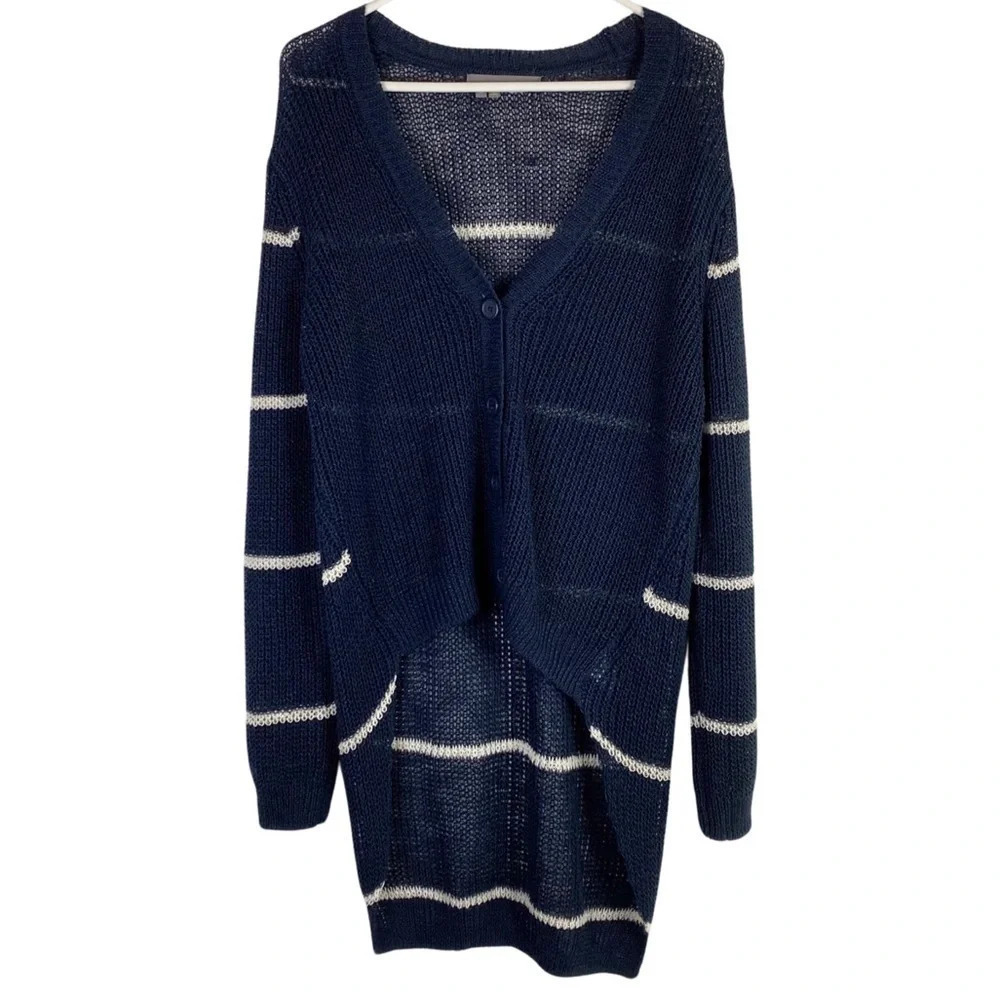 360 Linen Cardigan Sweater Womens Size Medium Striped Navy High Low Lightweight